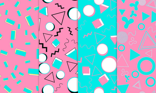 Set of Doodle Fun Seamless Patterns. Summer Doodle Background. Seamless 90s. Pink, Blue Colors  Pattern. Vector Illustration.
