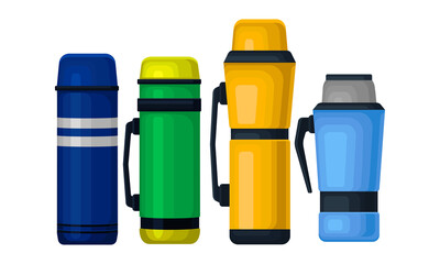 Thermos Bottle or Vacuum Flask as Vessel for Liquid Storage Vector Set