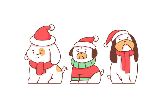 Christmas dog in Santa hat, ugly sweater and scarf vector cartoon illustration isolated on a white background.