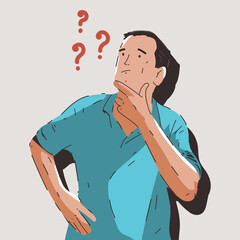 Thinking man with question mark vector cartoon illustration isolated on background.
