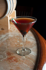 Whisky Cocktail. Alcoholic Drinks made with gin, vodka, rum or whiskey mixed with soda water, fruit juices and garnishes with limes and cherries. Classic American bar drinks.