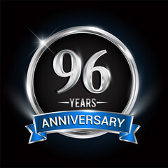 Celebrating 96th years anniversary logo with silver ring and blue ribbon.