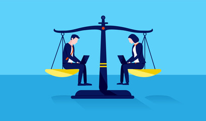 Gender equality in the workplace - Businessman and woman on scale with equal weight between the genders. Vector illustration.