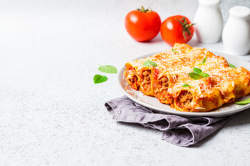 Portion of cannelloni with meat, tomato sauce and cheese on gray plate, gray background. Italian...