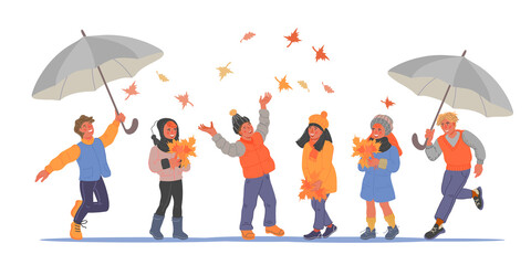 Little boys and girls in autumn season playing with leaves and walking under umbrella, flat vector illustration. Children or teens characters dressed in warm outfit for autumn banners and web.
