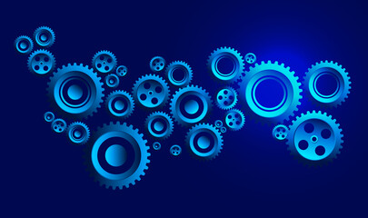 Technology cogwheels and gears - Machinery in blue gradient colours on dark background. Vector illustration.