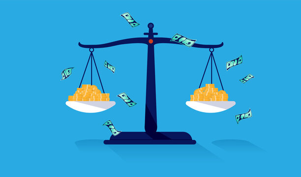 Equal pay - Scale with money showing equal salary and pay. Economic fairness and justice concept. Vector illustration.