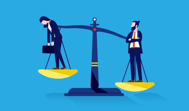 Gender Inequality In Business - Businessman And Woman On Weight Scale. The Man Is Heavier Than The Woman. Vector Illustration.