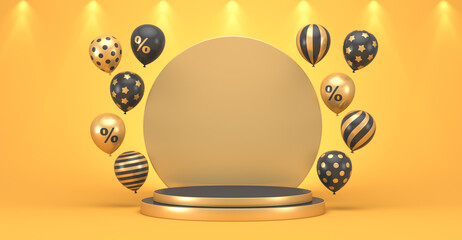 Black Friday. Balloons are black and gold on a yellow background around a pedestal background. 3d render illustration. For advertising.