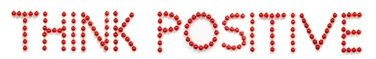Red Christmas Ball Ornament Building English Word Think Positive. Festive Christmas Decoration. White Isolated Background