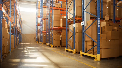Gigantic Sunny Retail Warehouse full of Shelves with Goods in Cardboard Boxes. Logistics and...