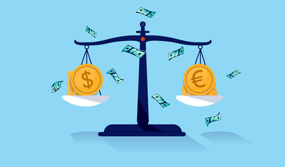 Dollar vs Euro - Weight scale comparing the value of Dollars and Euros. Vector illustration.