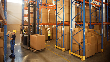 Retail Warehouse full of Shelves with Goods in Cardboard Boxes, Workers Scan and Sort Packages, Move Inventory with Pallet Trucks and Forklifts. Product Distribution Delivery Center.