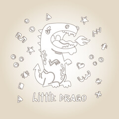 Monster DoodleCharacter Cute Dragon. Hand drawn vector illustration with a Creature with Fire and small patterns, All Saints Day concept of halloween party, posters, greeting cards, coloring book