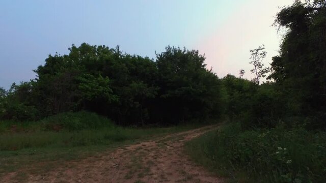 Walking along at dirt road. Nature at sunset. Hand held. Hungary, Europe. 4K
