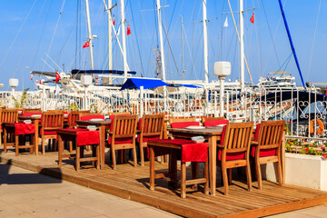 Cozy cafe in a sea harbour of Kemer (Kemer Marina)  on the Mediterranean sea in Turkey