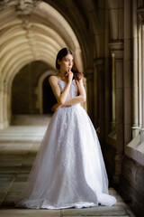 Beautiful girl wearing wedding dress nervous before the ceremony