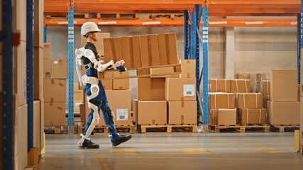 High-Tech Futuristic Warehouse: Manager Scans Packages for Inventory, Delivery in the Background...