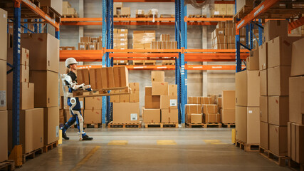 High-Tech Futuristic Warehouse: Manager Scans Packages for Inventory, Delivery in the Background...