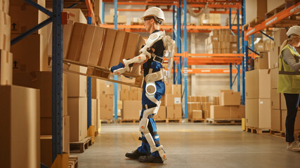 High-Tech Futuristic Warehouse: Worker Wearing Advanced Full Body Powered exoskeleton, Lifts Heavy...