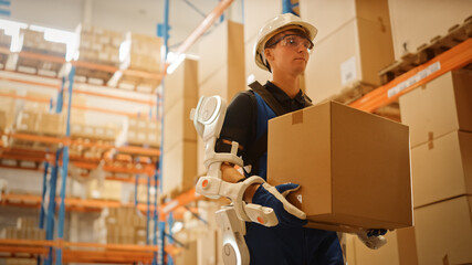 High-Tech Futuristic Warehouse: Worker Wearing Advanced Full Body Powered exoskeleton, Walks with...