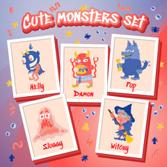 Monster Cartoon Character set. Handdrawn vector illustration with Beast, Wolf, Devil, Witch. Mystery, All Saints Day concept for Halloween party, posters, portraits. Caricature of Scary Evil Creatures