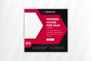 social media banner for creative modern home for sale. square layout use black background. half hexagon shape for photo. red arrow element for place of text. abstract geometric design template.