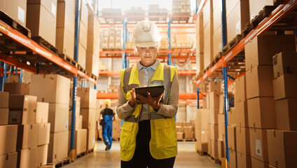 Obraz na płótnie Canvas Professional Confident Worker Wearing Hard Hat Checks Stock and Inventory with Digital Tablet Computer in the Retail Warehouse full of Shelves with Goods. Working in Logistics, Distribution Center