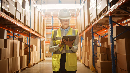 Professional Confident Worker Wearing Hard Hat Checks Stock and Inventory with Digital Tablet Computer in the Retail Warehouse full of Shelves with Goods. Working in Logistics, Distribution Center
