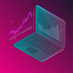Isometric infographic chart on laptop keyboard. Businessman work chart schedule, planning financial report data methodology
