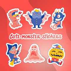 Monster Doodle Character Sticker Pack. Handdrawn vector illustration with Dragon and Fire, Slime Slug, Vampire, Devil, Pumpkin, Witch, All Saints Day concept for mystical party, sale banner, posters