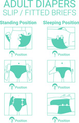 Adult Diapers Slip Fitted Briefs, How to wear a diaper steps. Simple manual in illustrations for diapers packs or other information