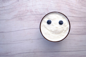 close up of fresh yogurt with blue berry in a bowl 