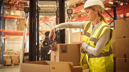Female Warehouse Inventory Manager Finishes Packing Cardboard Box Closing it and Sealing with Tape...