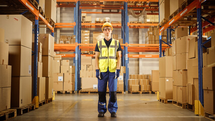 Handsome Smiling Worker Wearing Hard Hat and Safety Goggles Standing in the Retail Warehouse full of Shelves with Cardboard Boxes. Professional Working in Logistics, Delivery, and Distribution Center