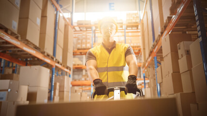 Worker Moves Cardboard Boxes using Hand Pallet Truck, Walking between Rows of Shelves with Goods in Retail Warehouse. People Work in Product Distribution Logistics Center. Point of View Sunflare Shot © Gorodenkoff