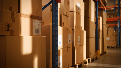 In Big Retail Warehouse Moving Sunlight Illuminates Shelves with Cardboard Boxes. Logistics, Distribution Center with Products Ready for Global Shipment, Customer Delivery.