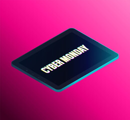 Cyber Monday isometry banner. Realistic isometric black smartphone isolated on dark background. Vector illustration
