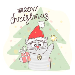 Christmas composition with a cute kitty in a Santa hat. Meow christmas - lettering handwriting. Holiday concept.