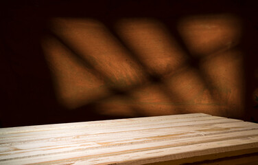 Background with wooden deck table on green grunge background