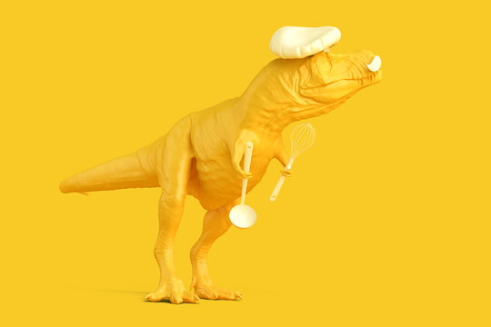Tyrannosaurus cef with kitchen spoon and whisk. Networking concept. 3D rendering