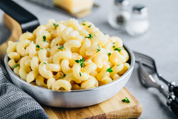 American mac and cheese, macaroni and cheese pasta in pan