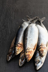 Raw herring and mackerel fish on enameled bowl isolated on a white