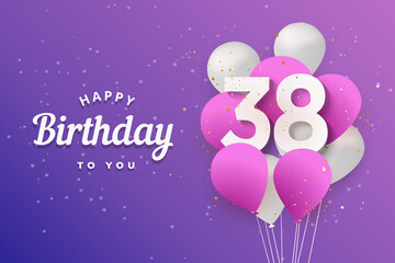 Fototapeta na wymiar Happy 38th birthday balloons greeting card background. 38 years anniversary. 38th celebrating with confetti. Vector stock 
