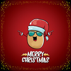 vector funky comic cartoon cute brown smiling santa claus potato with red santa hat and cartoon merry christmas text isolated on classic red background. vegetable funky christmas kids character