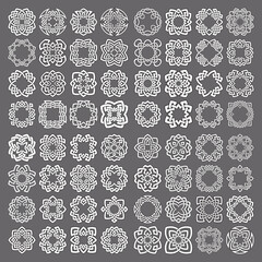 Mega set of round frames. Sixty four patterned circles. Quadrangular decorative elements for logo or monogram design. Mandalas collection of white lines with black strokes on gray background.