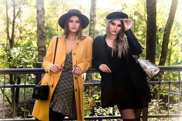 sesja fotograficzna w parku jesień dwie piękne białe kobiety dziewczyny w kapeluszach