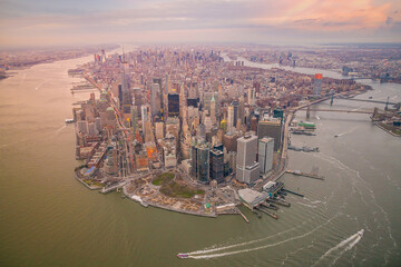 Fototapety  Aerial view of Manhattan skyline at sunset, New York City