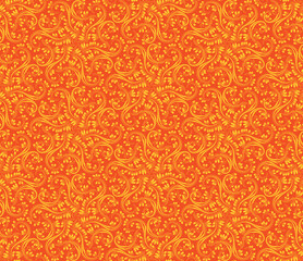 Vintage seamless pattern. Repeating background for festive wrapping design. Golden orange floral ornaments in hexagonal array. 