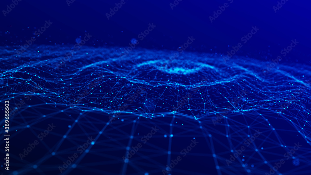 Poster Wave of particles. Abstract background with a dynamic wave. Futuristic wave of blue dots. Futuristic particles background. Big data visualization. 3D rendering.